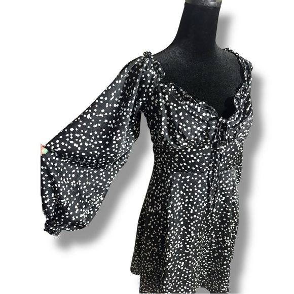 She + Sky Black and White Polka Dot Ruffled Front Tie Long Sleeve Mini Dress - Picture 4 of 16